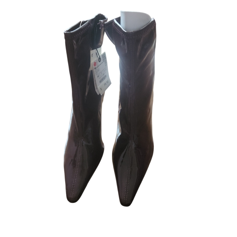 Zara Glossy Dark Brown Heeled Boots - Picture 8 of 12